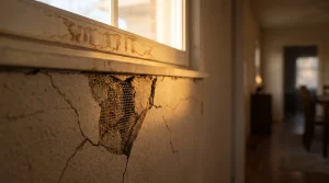 Detalle de grietas profundas y manchas de humedad en la pared de una vivienda alquilada, prueba pericial habitual en juicios de propietarios contra inquilinos por daños en Canarias.