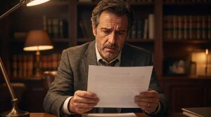 Propietario preocupado leyendo una demanda de desahucio por impago de alquiler en un despacho de abogados inmobiliario.