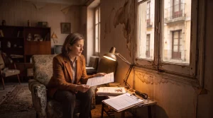 Inquilina revisando documentos de desahucio por impago de alquiler en un salón con graves humedades en la pared.