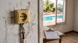 Enchufe viejo y pared deteriorada junto a una factura de reparaciones en un chalet de alquiler con piscina.
