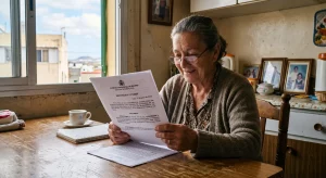 Mujer mayor sonriendo en la cocina de su casa mientras lee una sentencia judicial a su favor que evita su desahucio, gracias a un contrato de alquiler de renta antigua con prórroga forzosa de la LAU de 1964.