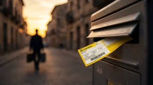 Un primer plano de un buzón metálico gris con un aviso amarillo de Correos (burofax) en la ranura. Al fondo, la silueta desenfocada de un inquilino alejándose con maletas por una calle al atardecer. Imagen simbólica de una notificación de desalojo no recibida.