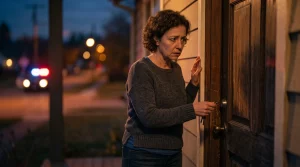 Propietaria preocupada mirando la cerradura de su casa de noche, representando la frustración de los dueños ante la paralización de un desahucio por precario.