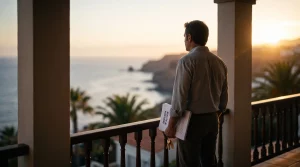 Propietario mirando al mar desde la terraza de su vivienda en Canarias tras recuperarla con un desahucio por precario, sosteniendo las llaves y la sentencia.