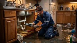 Fotografía de un fontanero reparando una tubería bajo el fregadero en una cocina de alquiler inundada. Imagen que ilustra el caso de la Sentencia n.º 470/2026 de la Audiencia Provincial de Gipuzkoa sobre la responsabilidad del inquilino ante fugas de agua no notificadas.