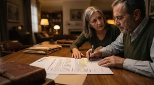 Pareja de propietarios revisando con preocupación las cláusulas de su contrato de alquiler de vivienda, con un burofax sobre la mesa, planificando la finalización del arrendamiento asesorados por abogados inmobiliarios en Canarias.
