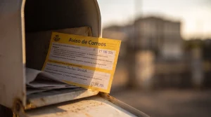 Aviso de Correos amarillo en un buzón, ilustrando la notificación de un burofax no recogido por un inquilino para el fin del alquiler.