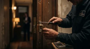 Cerrajero profesional cambiando la cerradura de una puerta de madera en un piso de alquiler, ilustrando el riesgo legal del delito de coacciones ante ocupantes o subarriendos ilegales.