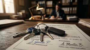 Texto recomendado: Primer plano de un contrato de arrendamiento de vivienda firmado en español, sobre el que descansan un manojo de llaves y un llavero de cuero negro en un escritorio de madera.