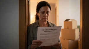 Mujer inquilina leyendo con preocupación una notificación judicial de desahucio frente a cajas de mudanza, consecuencia de no recoger el burofax de fin de alquiler.