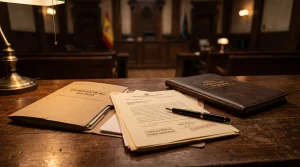 Mesa de madera en un juzgado con expedientes y documentos legales sobre un procedimiento de desahucio por impago de alquiler.
