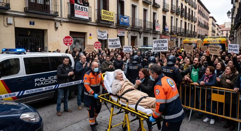 Sanitarios evacuando en camilla a una mujer mayor durante una protesta por la ejecución de un desahucio de renta antigua.