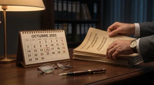 Abogado revisando la fecha de finalización de un contrato de arrendamiento junto a un calendario de escritorio marcado.