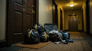 Bolsas de basura y una maleta con las pertenencias de un inquilino tiradas en el pasillo, representando un desahucio ilegal de una habitación de alquiler.