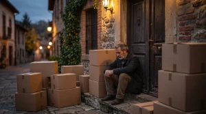 Hombre mayor preocupado sentado en los escalones de su casa rodeado de cajas de mudanza tras sufrir un desahucio por la ejecución hipotecaria de su casero.