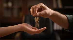 Mano entregando las llaves de una vivienda a su propietario tras ganar un juicio de desahucio por impago de alquiler.