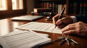 Manos firmando un contrato de arrendamiento de vivienda sobre un escritorio de madera junto a unas llaves. Concepto de asesoramiento legal para inquilinos y propietarios en Canarias.