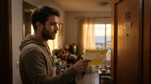 Inquilino mirando un aviso de llegada de Correos en la puerta de su piso de alquiler para evitar recoger el burofax del propietario.