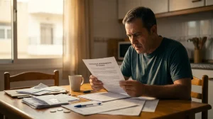 Hombre preocupado leyendo detenidamente un contrato de alquiler de vivienda para comprobar si es legal que le echen por la venta del piso.