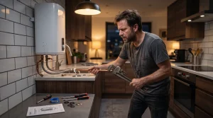Inquilino frustrado intentando arreglar un termo de agua averiado en la cocina de una vivienda de alquiler, situación que legalmente no justifica el impago de la renta.