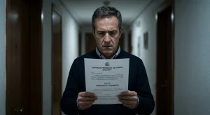 Propietario con rostro de frustración leyendo la sentencia judicial que desestima su demanda de desahucio contra el inquilino por no aportar pruebas de su necesidad habitacional.