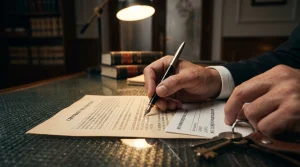Abogado experto en derecho inmobiliario analizando un extracto bancario para desmontar un falso contrato de alquiler en un desahucio por precario.