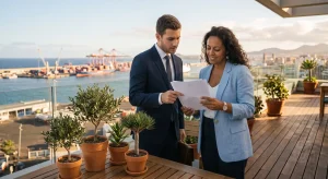 Abogado experto en derecho bancario revisando una sentencia favorable del Tribunal Supremo junto a una empresaria local en una terraza con vistas al Puerto de Las Palmas.