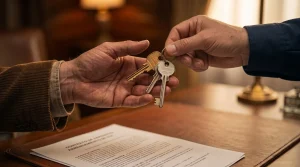 Manos entregando las llaves de una vivienda sobre un contrato de alquiler sin validez tras ganar un desahucio por precario.