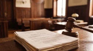 Mazo de juez de madera apoyado sobre un documento legal de recurso de apelación en un procedimiento de desahucio de alquiler.
