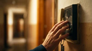 Mano de un inquilino frustrado frente a un telefonillo roto, ejemplo de pequeña reparación estética que no afecta a la habitabilidad en un alquiler.