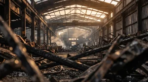 Interior de una nave industrial en ruinas tras un incendio, ilustrando el impago del seguro por pérdida de alquileres.