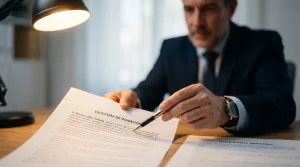 Abogado experto en derecho inmobiliario analizando una escritura de donación y una nota simple para anular un desahucio.