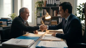 Abogado experto en derecho inmobiliario dando la mano a un cliente en el despacho tras encontrar una solución a un problema de desahucio por precario y extinción de contrato de alquiler.