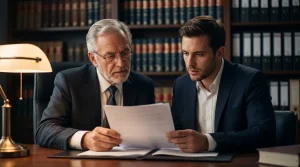 Dos abogados expertos en derecho inmobiliario en Las Palmas analizando una sentencia de desahucio por subrogación en un alquiler de renta antigua.