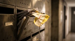 Aviso de llegada de Correos amarillo asomando en un buzón, que representa un burofax de fin de contrato de alquiler ignorado para intentar evitar un desahucio.