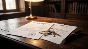 Contrato de arrendamiento y burofax legal con unas llaves sobre la mesa de un despacho de abogados, documentación necesaria para recuperar un piso de alquiler.