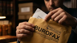 Hombre abriendo un burofax certificado de Correos con la notificación legal para un desahucio por fin de contrato de alquiler.