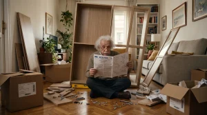 Albert Einstein confundido montando un mueble de Ikea mientras intenta descifrar la Ley de Vivienda en un manual del BOE.