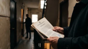 Propietario sosteniendo una sentencia de desahucio frente a un inquilino por la extinción de un alquiler de renta antigua.