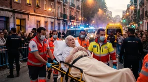 Imagen que simula el desahucio de Mari Carmen en Madrid: anciana de 87 años siendo desalojada en camilla por sanitarios y rodeada por un fuerte cordón policial.