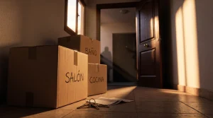 Cajas de mudanza rotuladas con salón, cocina y baño junto a unas llaves en el suelo de una vivienda, simbolizando un desahucio por precario tras el fin de una subrogación de alquiler de renta antigua.