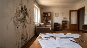 Pared con graves humedades y contrato de arrendamiento sobre una mesa ilustrando el derecho del inquilino a reducir la renta por falta de reparaciones.