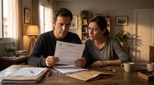 Pareja de inquilinos con expresión de preocupación leyendo una notificación judicial de desahucio por necesidad del propietario en la mesa de su piso de alquiler.