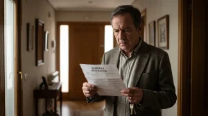 Propietario de una vivienda en alquiler muy preocupado leyendo una sentencia judicial que deniega el desahucio a su inquilino por no demostrar la necesidad real.
